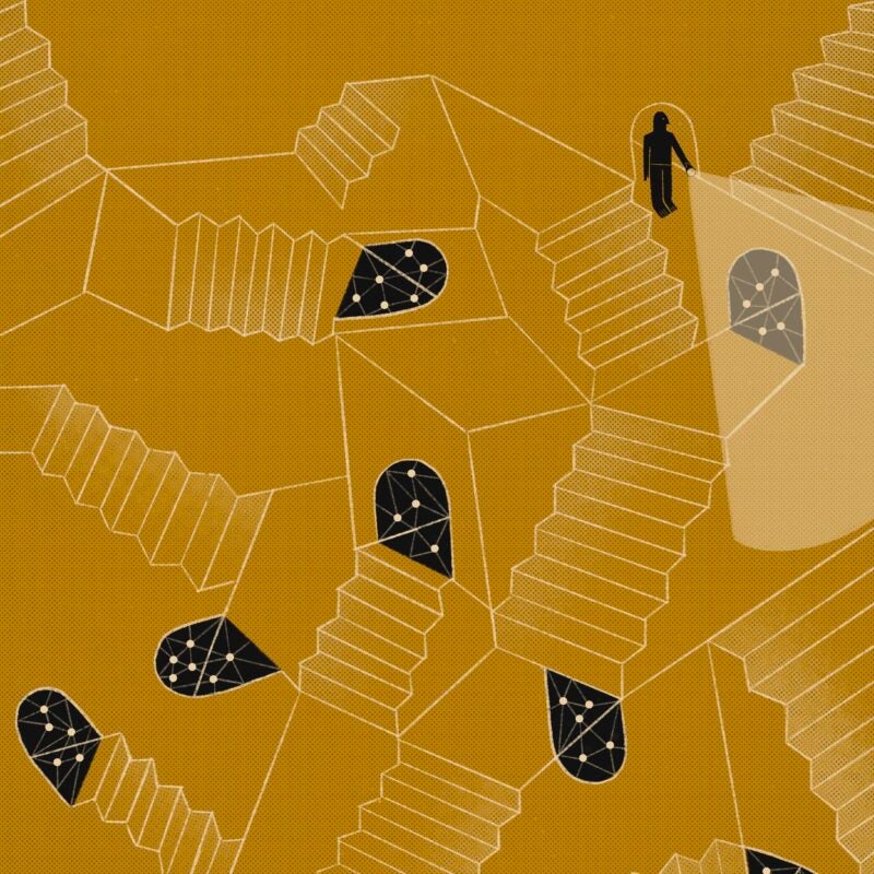 An illustration depicts many staircases ending at an opening representing the internet as a figure searches the scene with a light.
