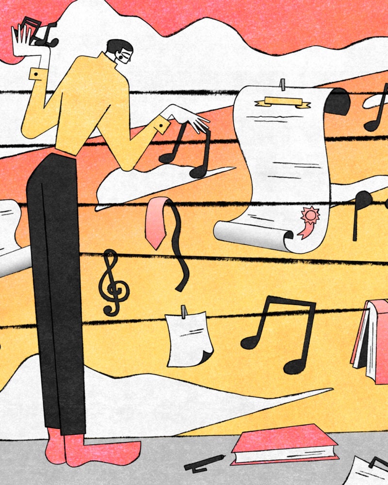 Illustration of a man looking at musical items and legal items on a staff of music