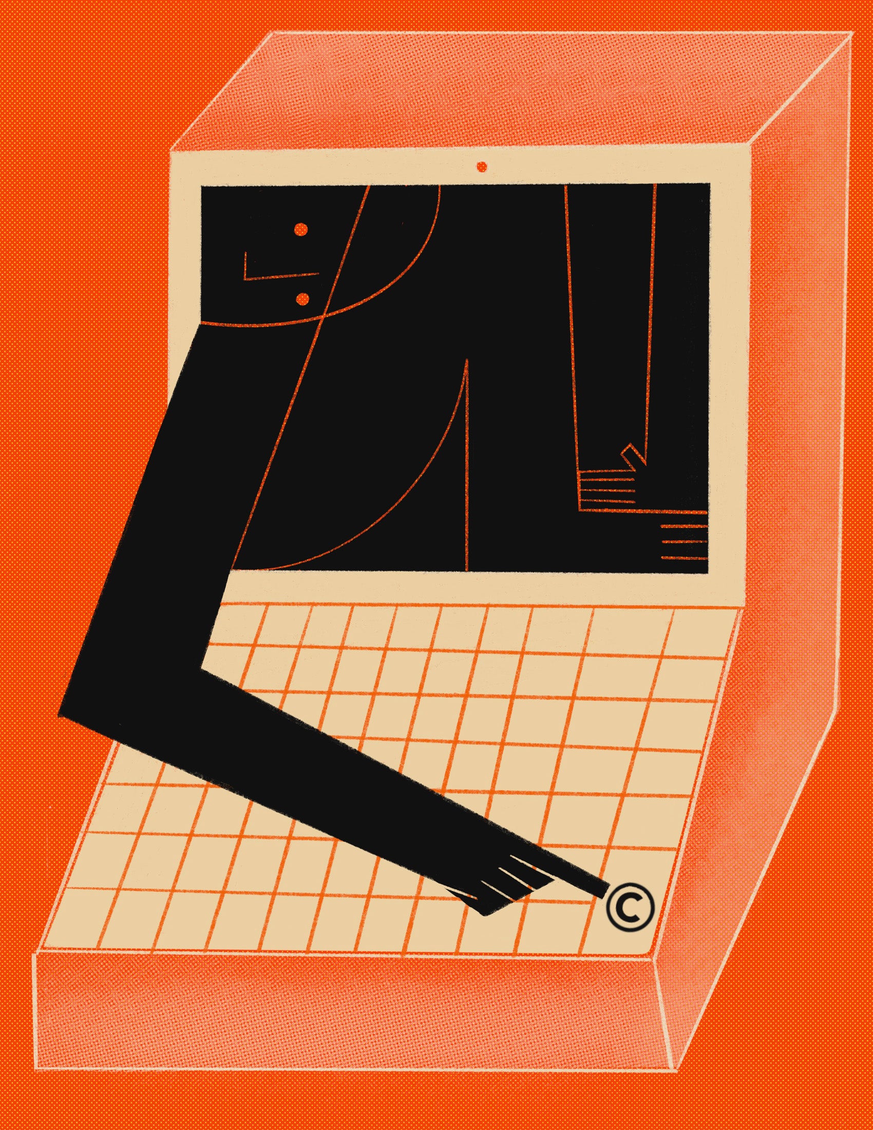 Illustration: A human figure sits inside the computer with a hand outstretched to a computer keyboard pointing to a copyright key