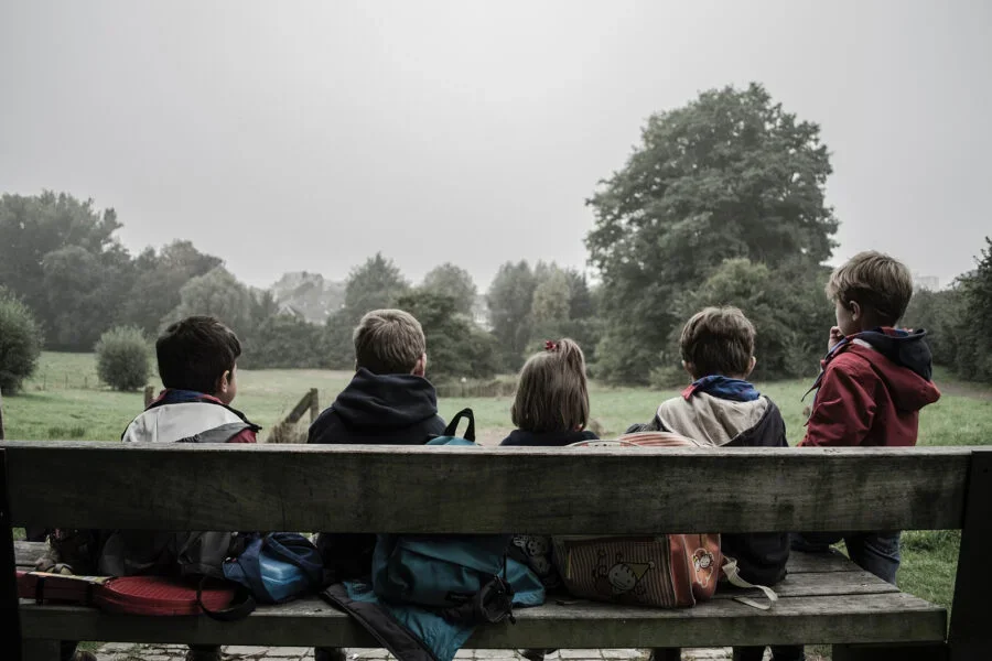 photo of children looking at grass field