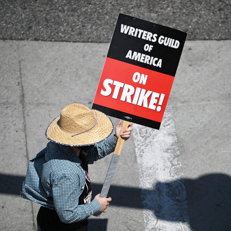 Writers Guild striker holding sign.