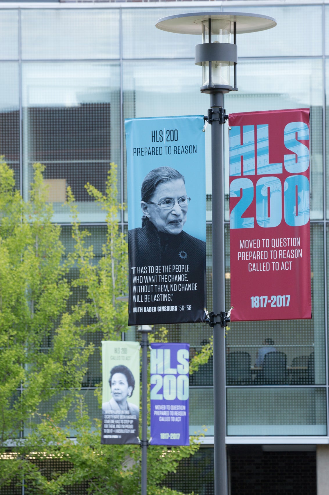 banner on the campus of Harvard Law School featuring Ruth Bader Ginsburg