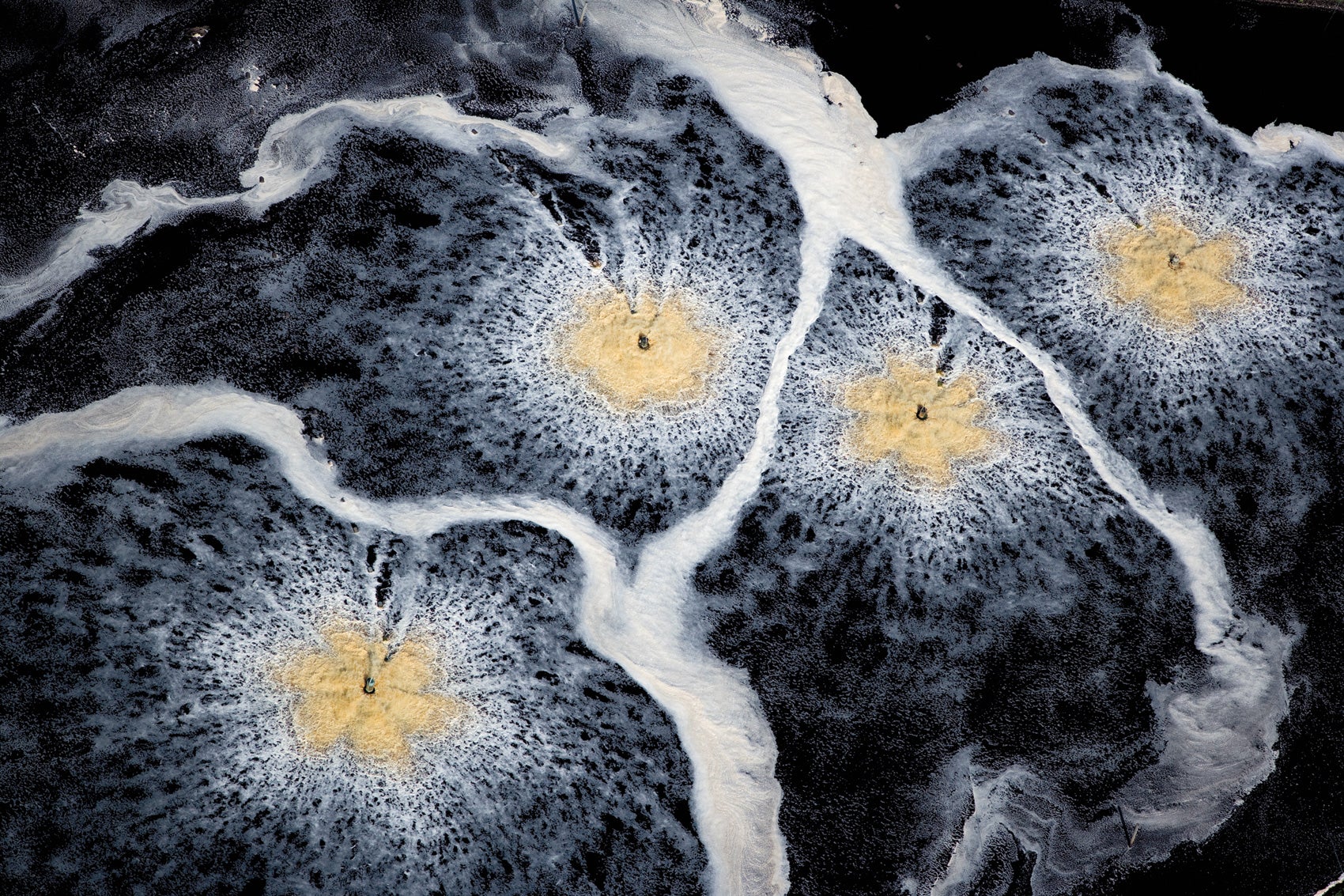 Aerial view of geysers and the imprint in the sand