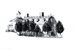 Hand illustration of a building and trees