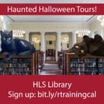 Langdell Hall reading room with two oversized black cats sitting atop the bookcases