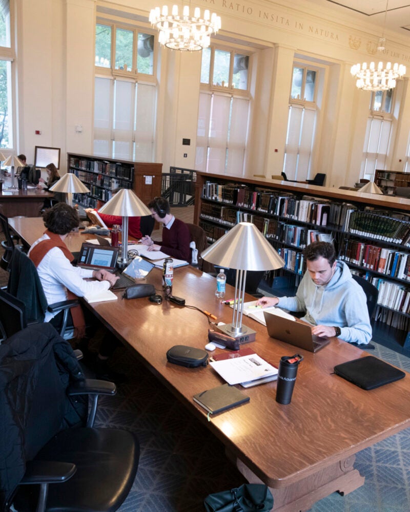 Students study at long wooden desks in the reading room of Langdell Hall
