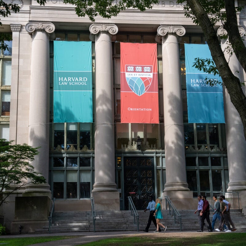 The front steps of the HLS Library, with the HLS shield on a banner hanging above the door.