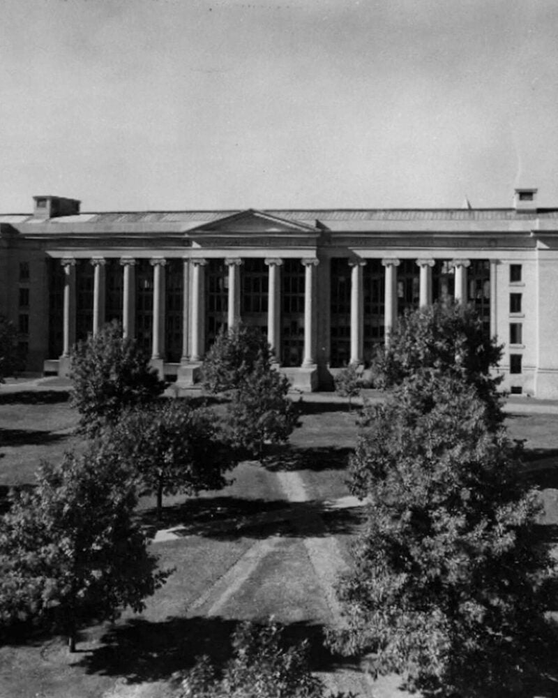 A large building behind a field of trees and grass