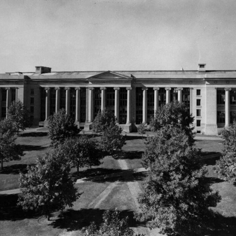 A large building behind a field of trees and grass