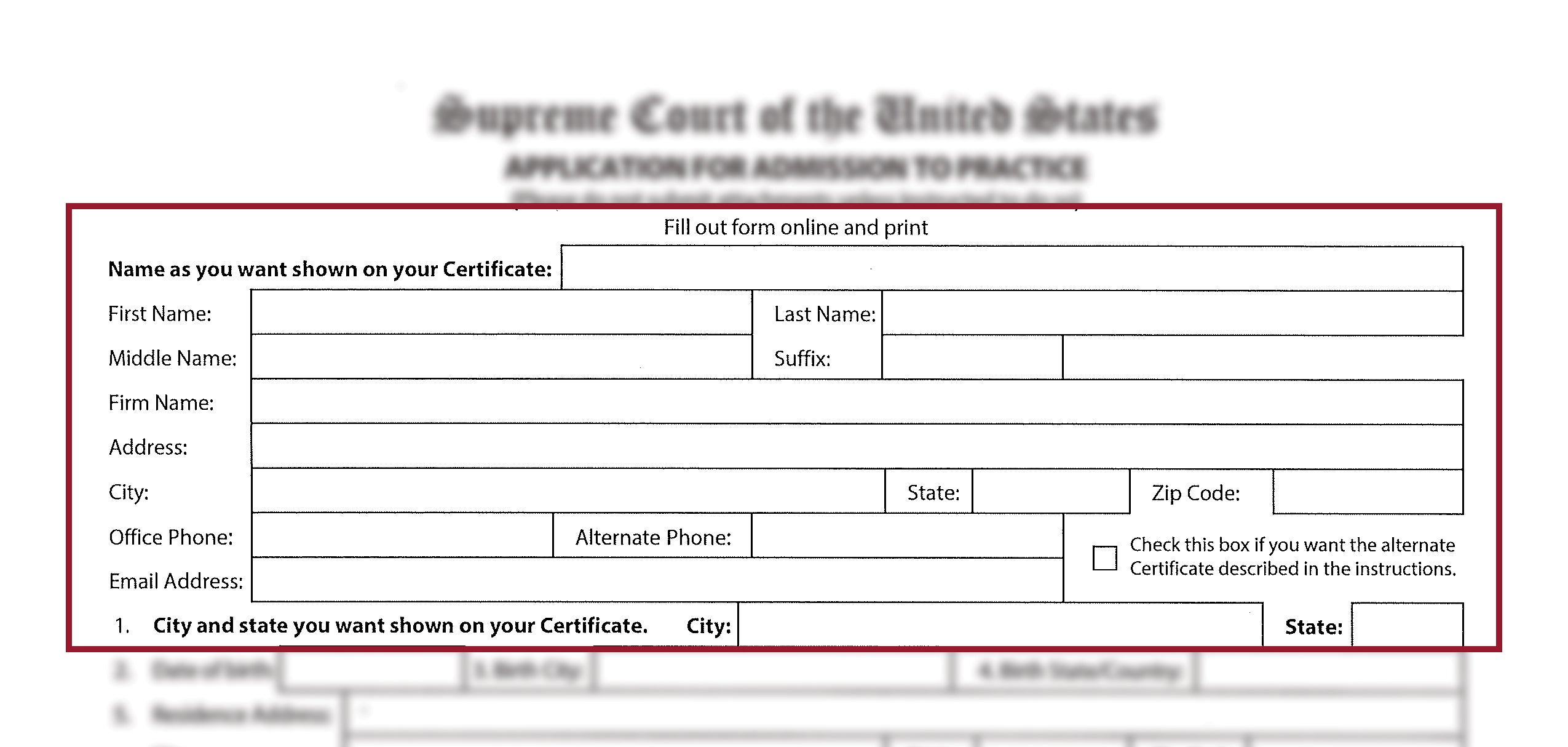 Name, Address, and Contact Information section of SCOTUS Application for Admissions