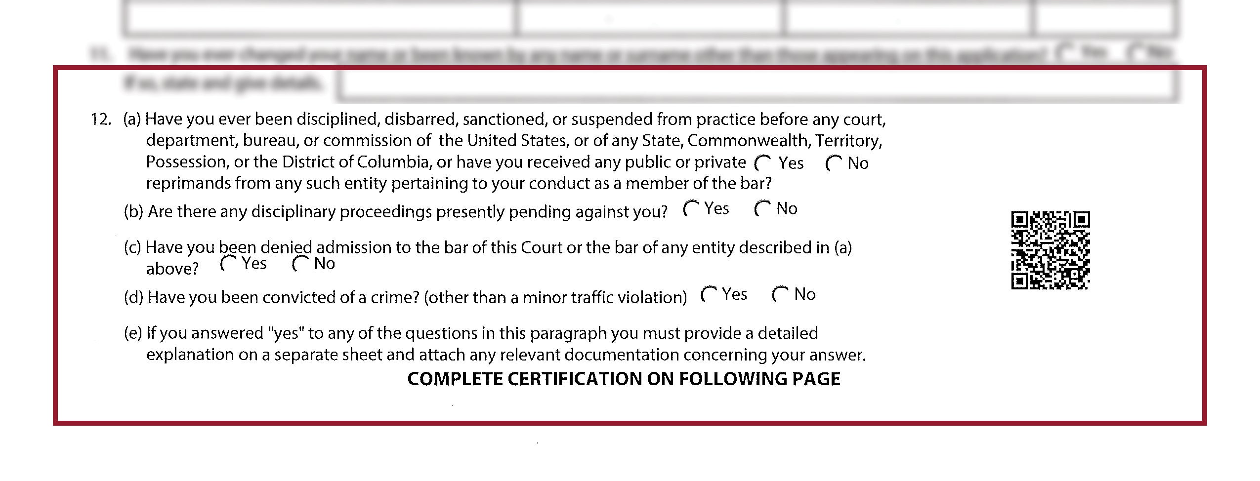 Question 12 of the SCOTUS Application for Admissions to Practice Form