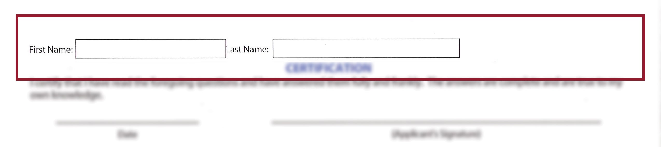 First Name and Last Name boxes found at the top of the back page of the SCOTUS Application for Admissions to Practice Form