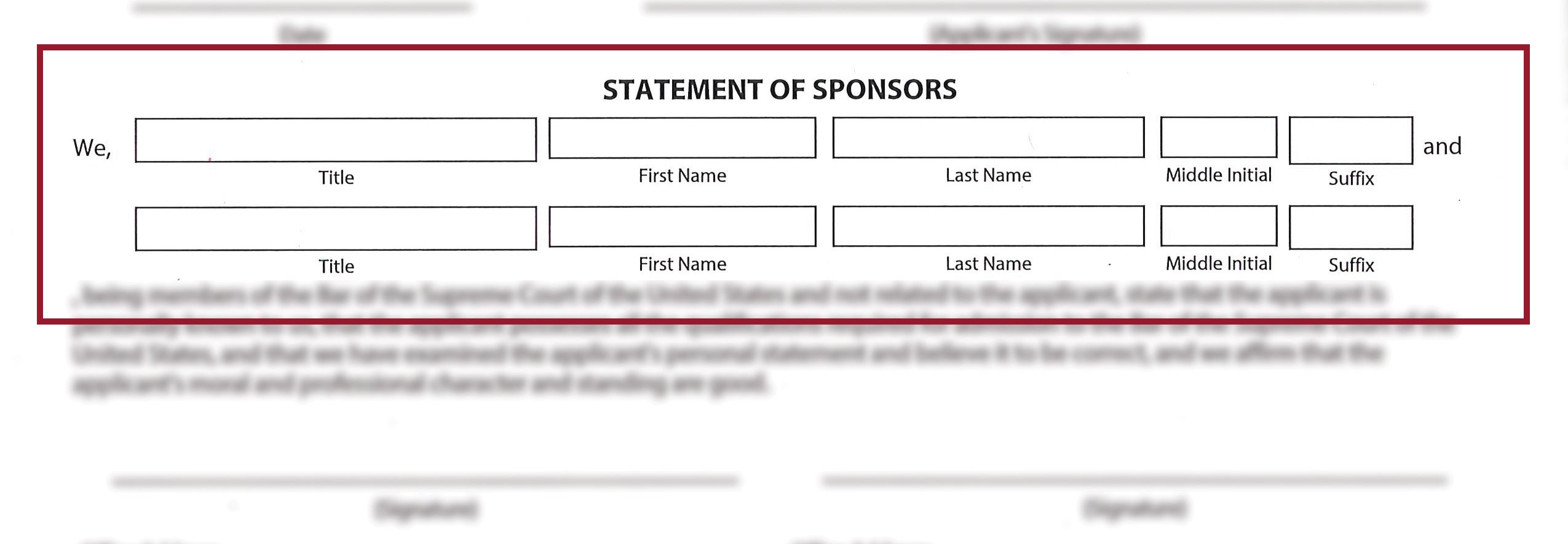 State of Sponsor response boxes on the second page of the SCOTUS Application for Admissions to Practice Form