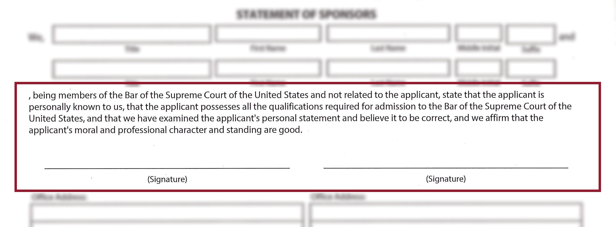 Sponsor signature line on the second page of the SCOTUS Application for Admissions to Practice Form