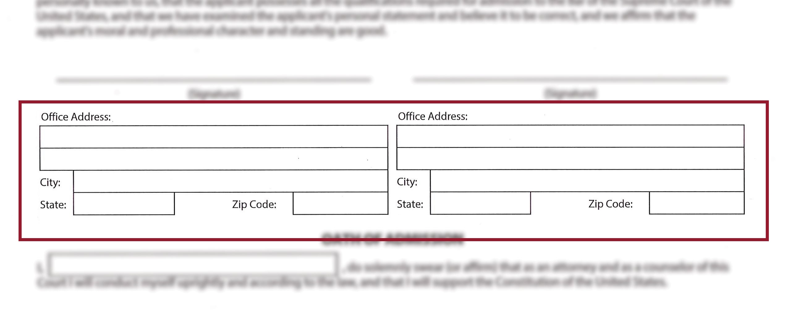 Sponsor office address response boxes on the second page of the SCOTUS Application for Admissions to Practice Form