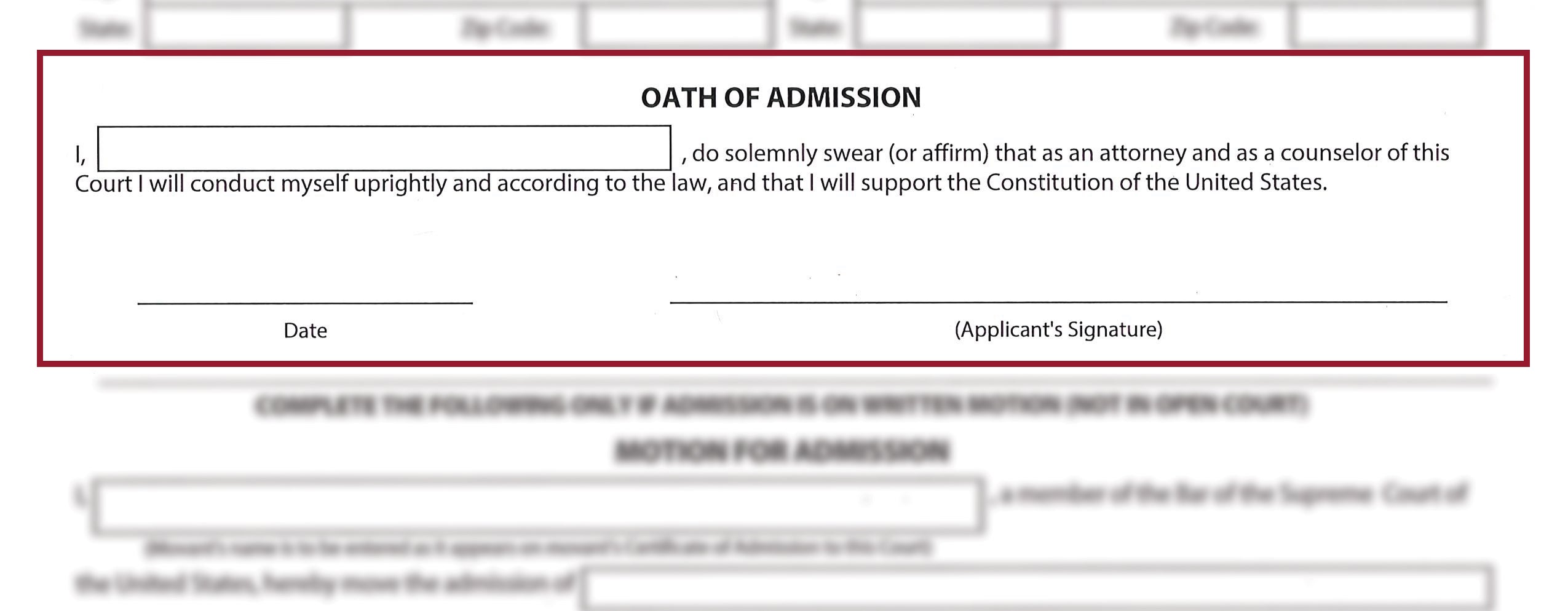 Oath of admission response section on the second page of the SCOTUS Application for Admissions to Practice Form