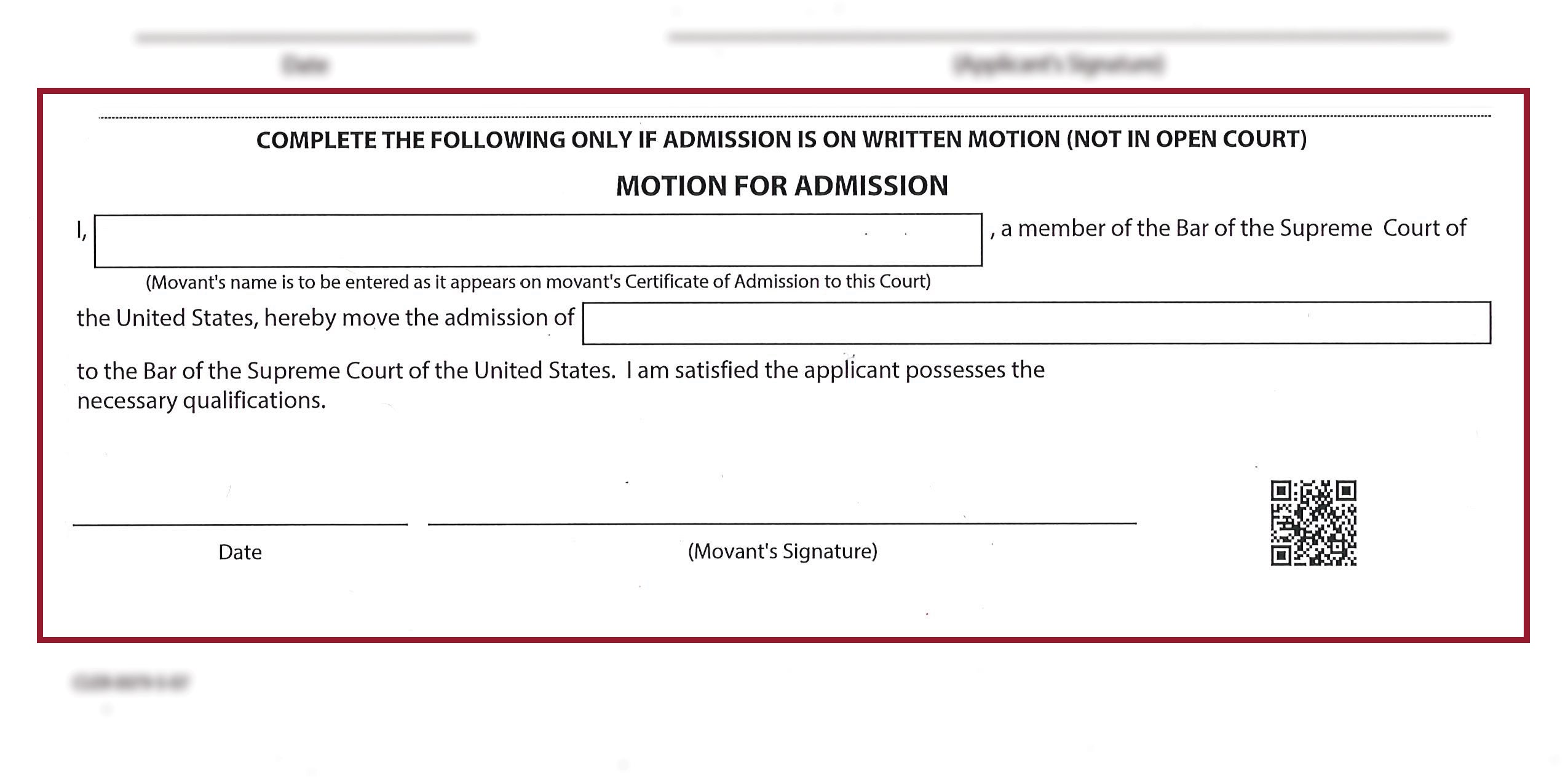 Motion for Admission section on the second page of the SCOTUS Application for Admissions to Practice Form