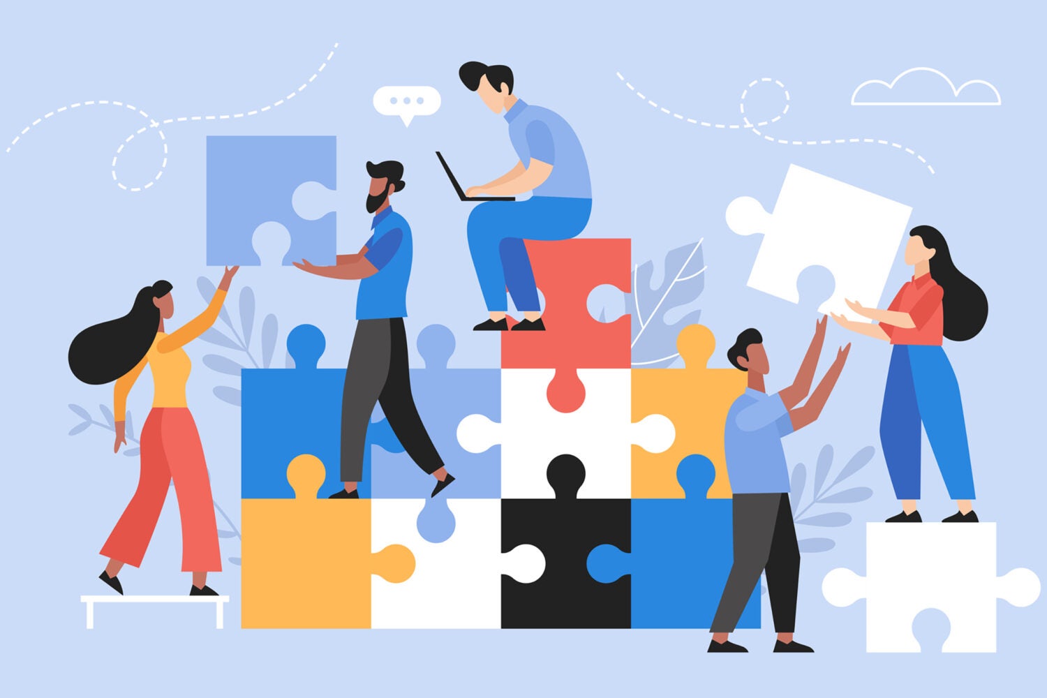Illustration of people connecting puzzle pieces.