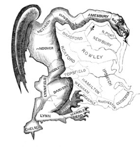 Old illustration of gerrymandered districts in Massachusetts with overlay of dragon