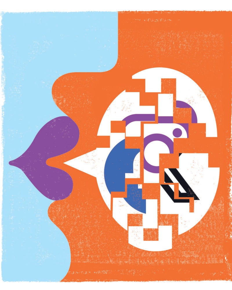 Abstract illustration of a mouth with a speech bubble containing broken social media icons