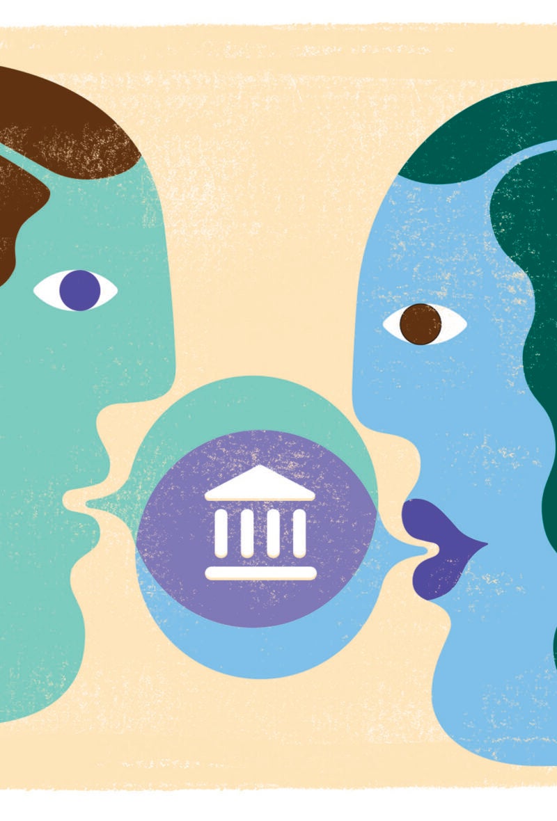 An abstract illustration of a man and a woman and a speech bubble between them showing the a court