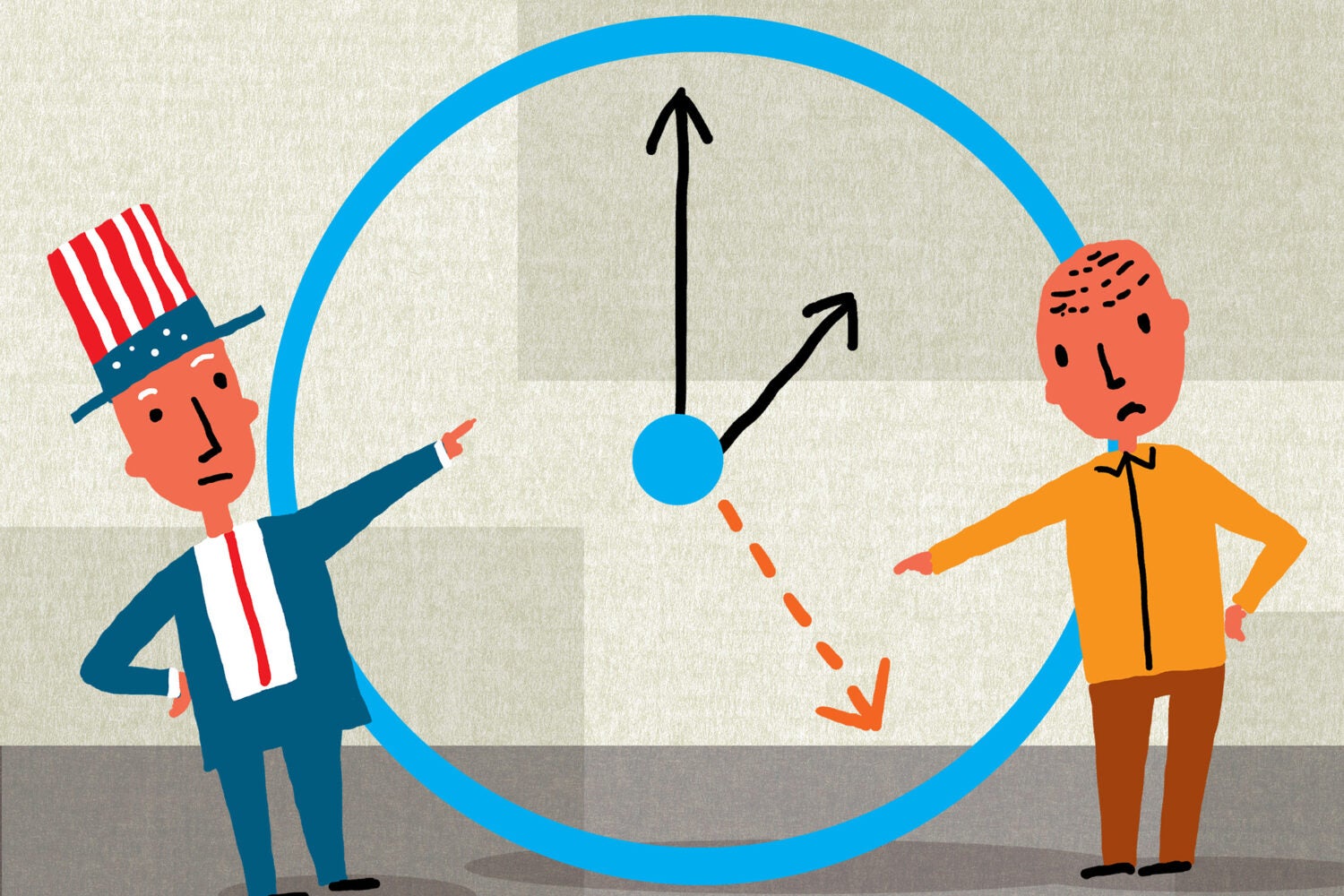 Illustration. A man on the left wearing a top hat with U.S. flag colors points to a clock as a man on the right points to a dotted line indicating that time has passed.
