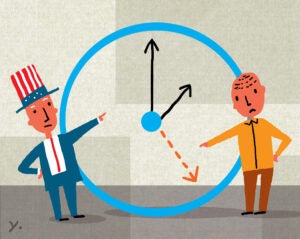 Illustration. A man on the left wearing a top hat with U.S. flag colors points to a clock as a man on the right points to a dotted line indicating that time has passed.