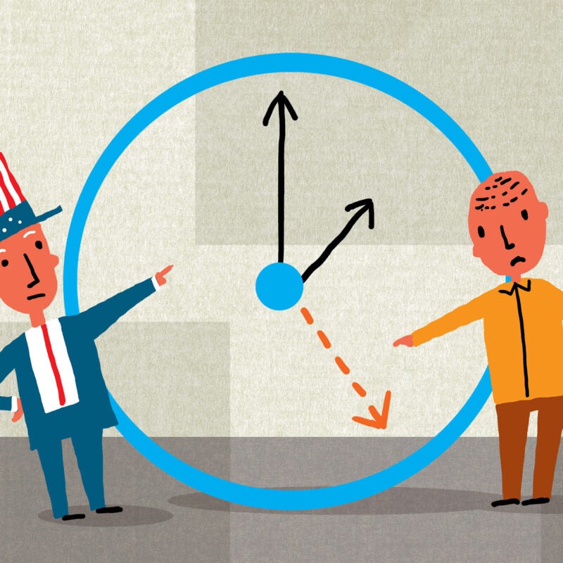 Illustration. A man on the left wearing a top hat with U.S. flag colors points to a clock as a man on the right points to a dotted line indicating that time has passed.