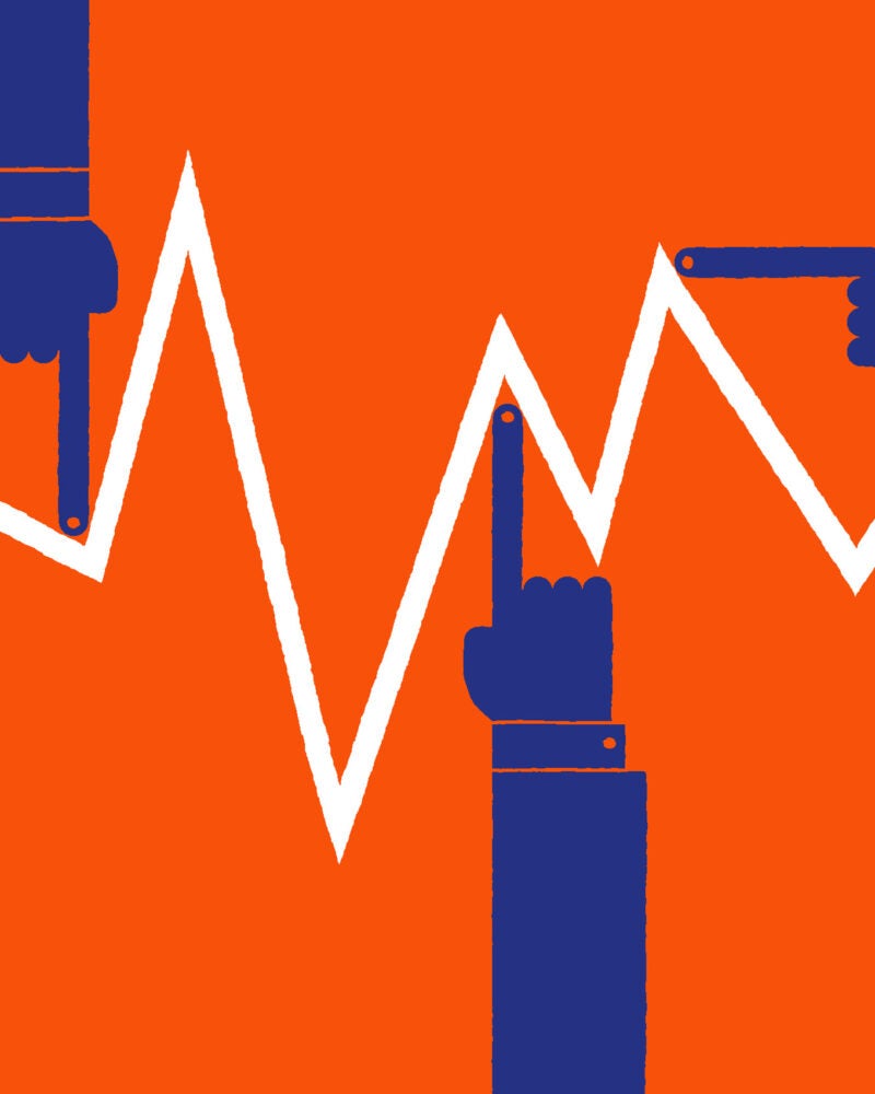 An illustration showing hands pointing to specific points in a line graph with peaks and valleys