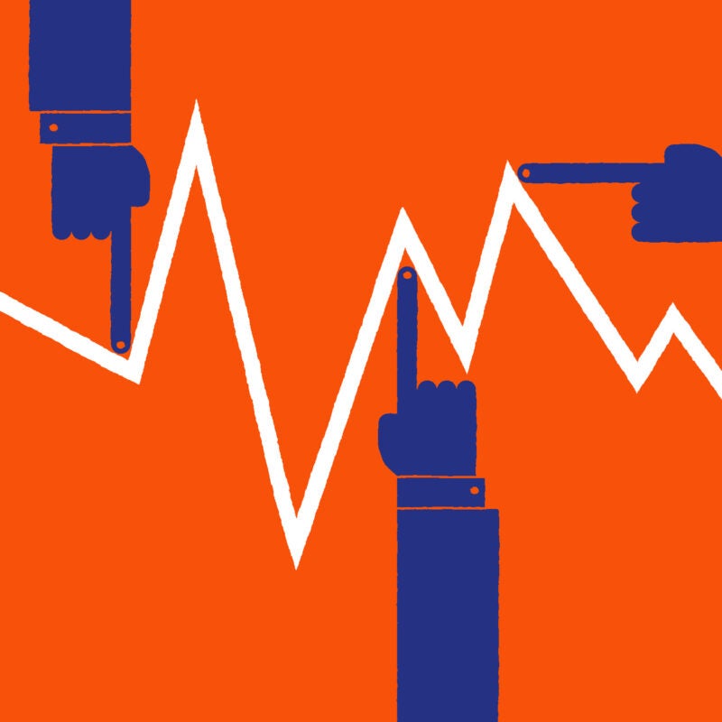 An illustration showing hands pointing to specific points in a line graph with peaks and valleys