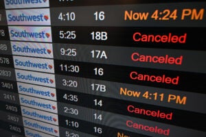 Digital display showing cancelled flights.