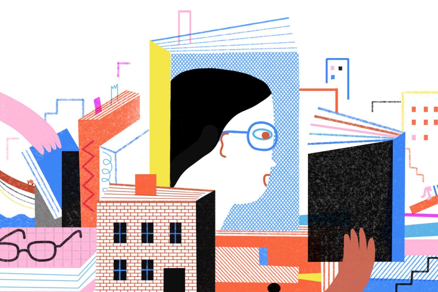 An illustration of a cityscape of buildings made out of books with a person reading one of them.