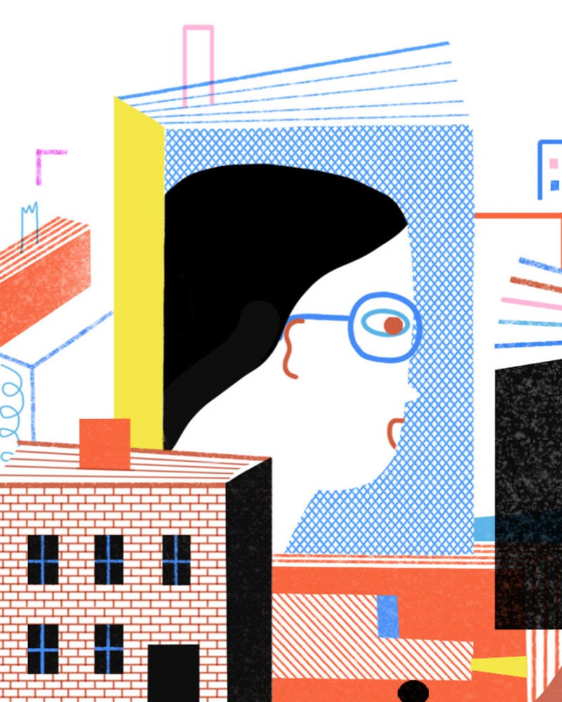An illustration of a cityscape of buildings made out of books with a person reading one of them.