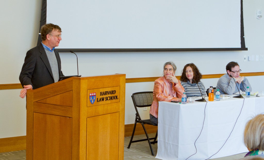 William Alford, Sarah Chayes, Kristen Stilt, Matthew Stephenson at the front of the room