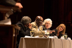 Achille Mbembe, Margaret Marshall and Jean Comaroff speak on a Harvard University panel