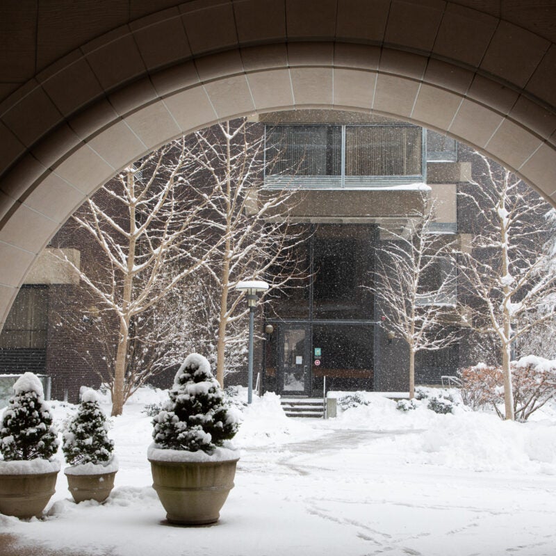 A snowy scene. Looking at Pound Hall through the arch at the front of Milstein. The ground and trees are all covered in snow.