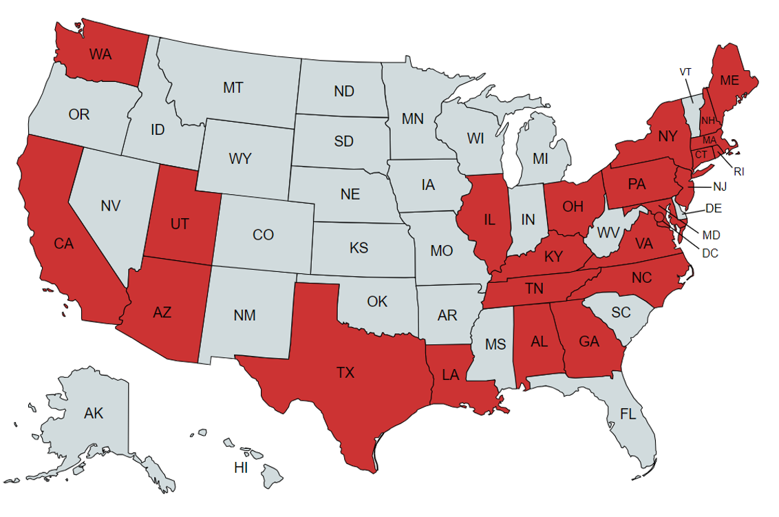 Map of the US where HLS Admissions Visited