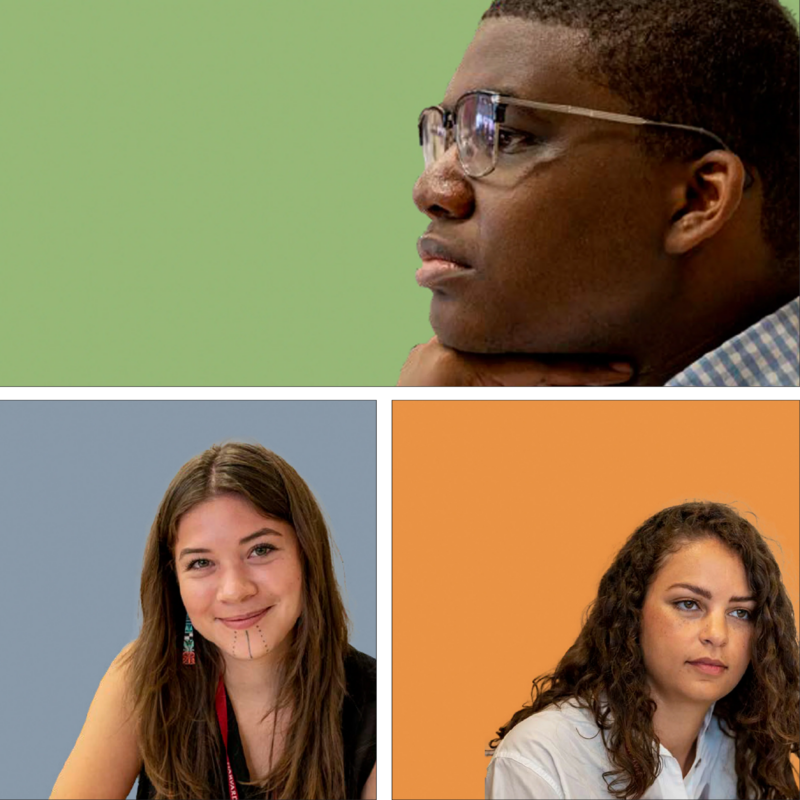 Collage of student headshots against colorful backgrounds
