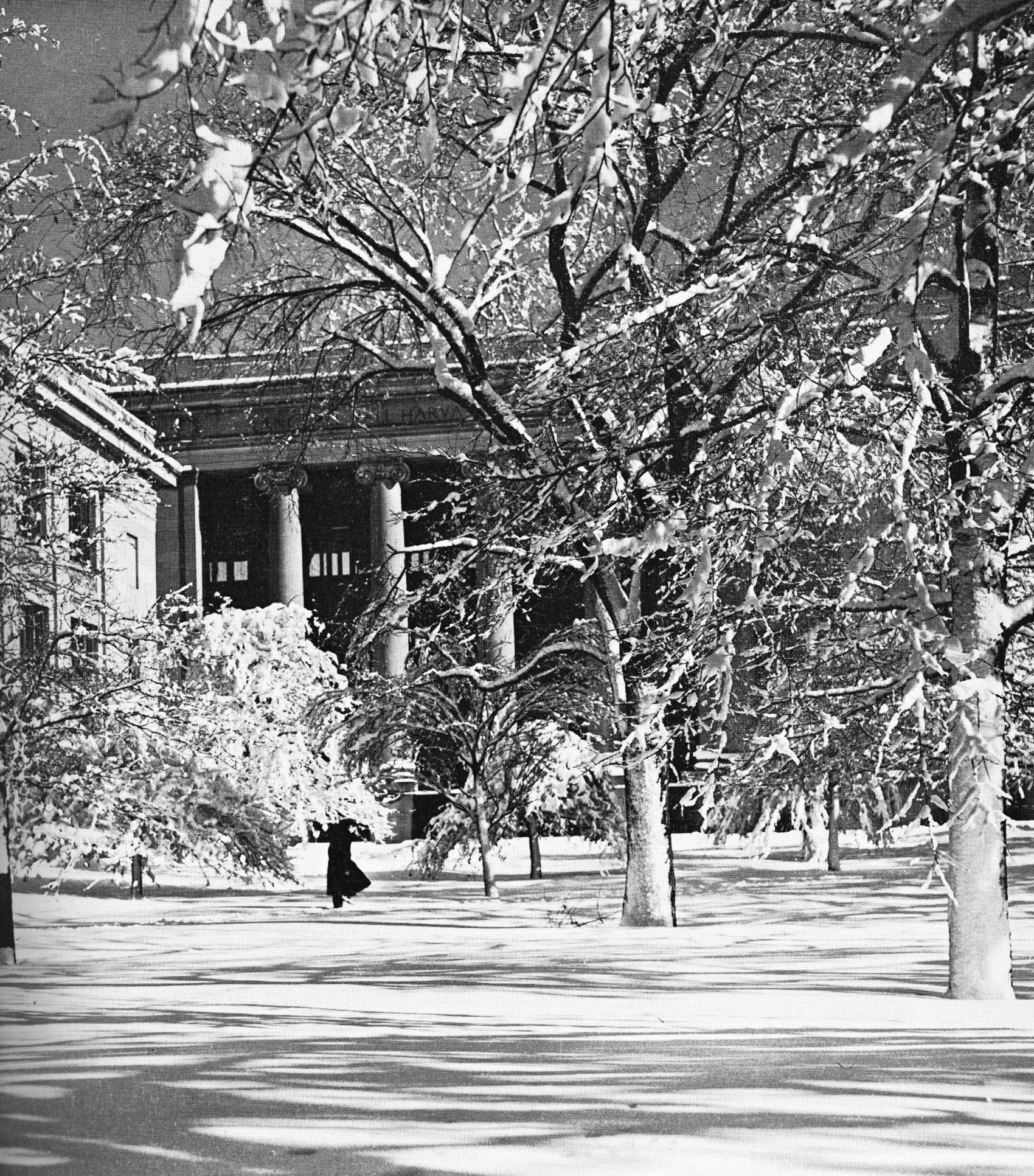 A black and white photo of a snowy HLS campus