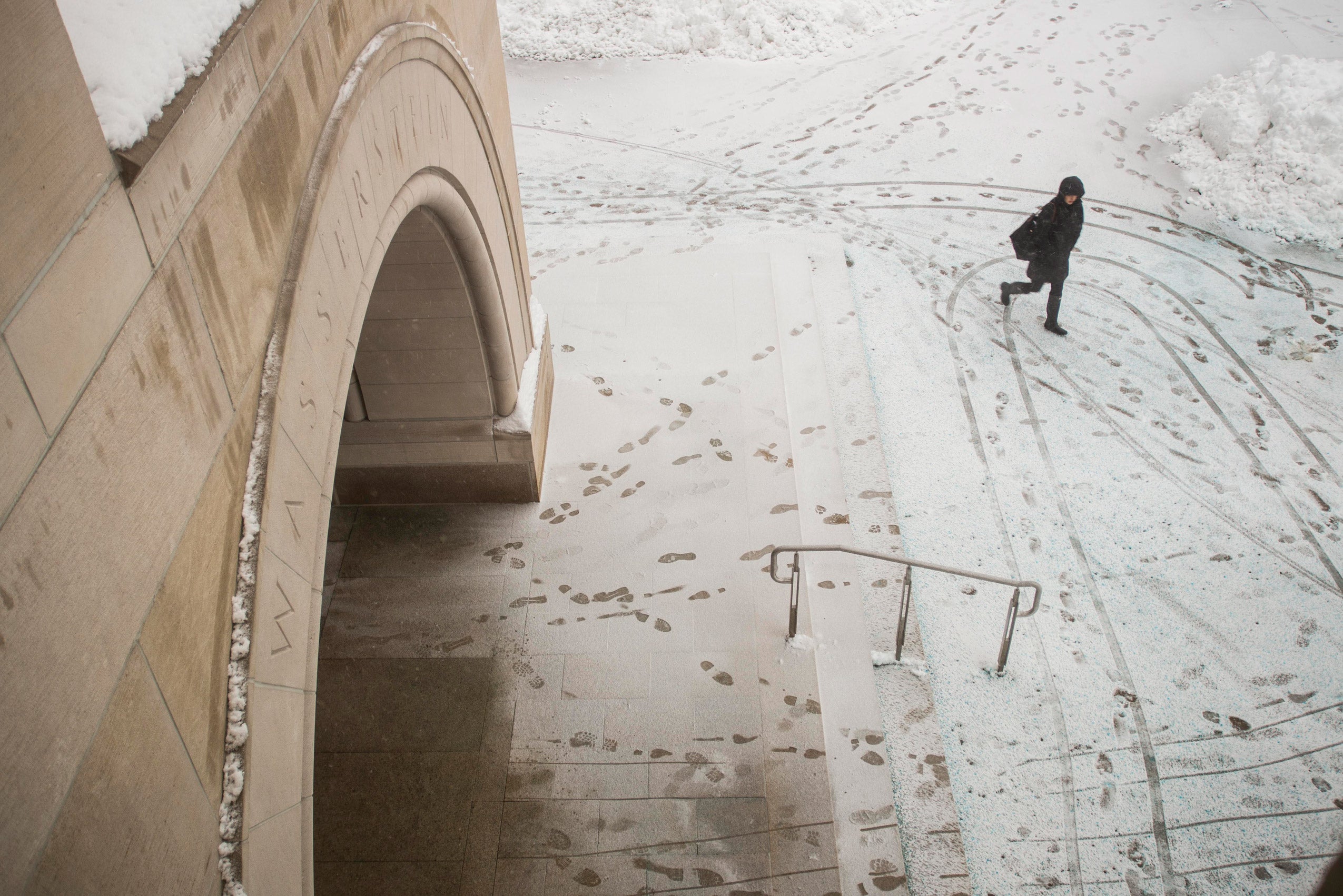 An aerial view of snowy tracks in front of Wasserstein