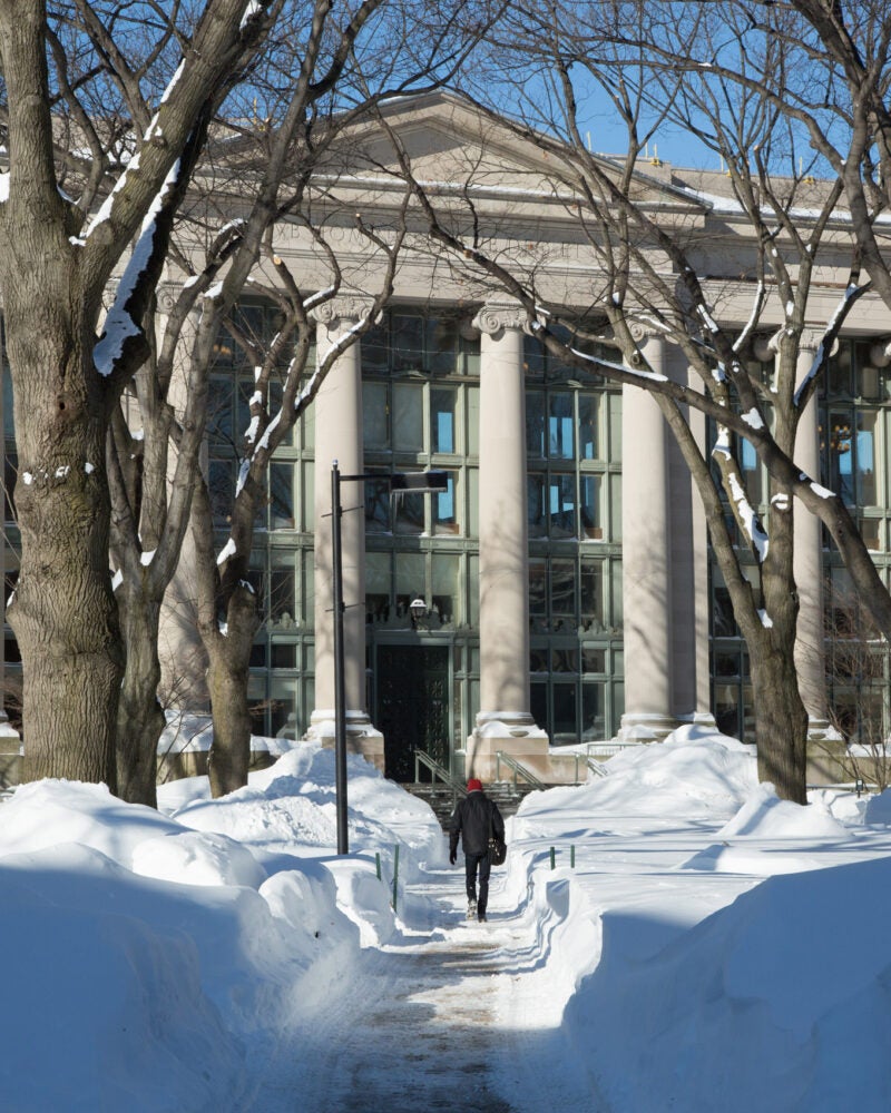 A wide angle shot of Holmes Field covered in snow in front of Langdell Hall