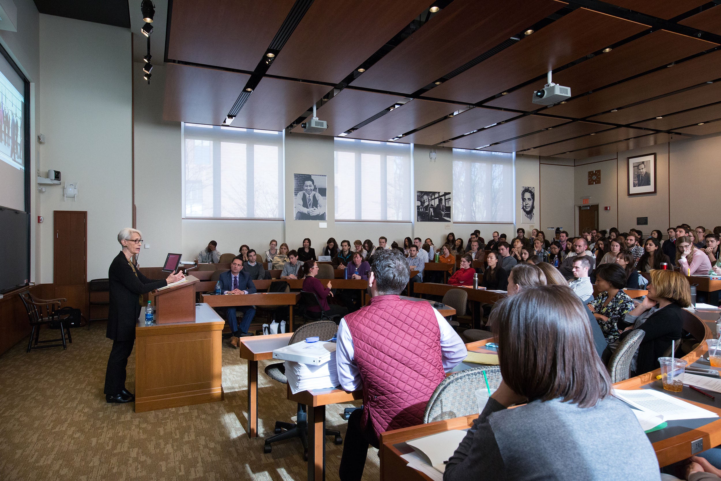 Wendy Sherman speaking in front of a room of students