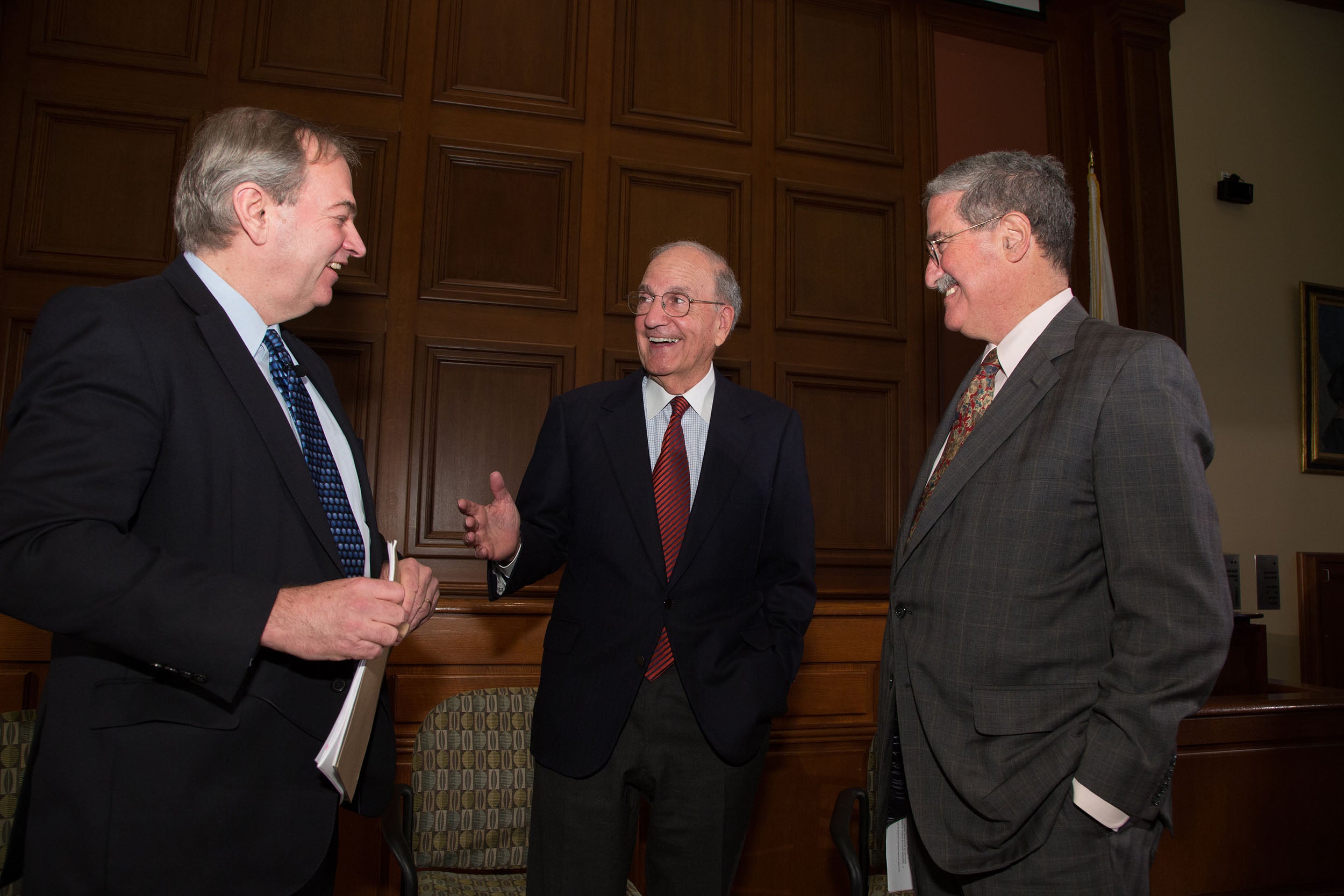 George Mitchell speaking with Jim Sebenius and Robert Mnookin