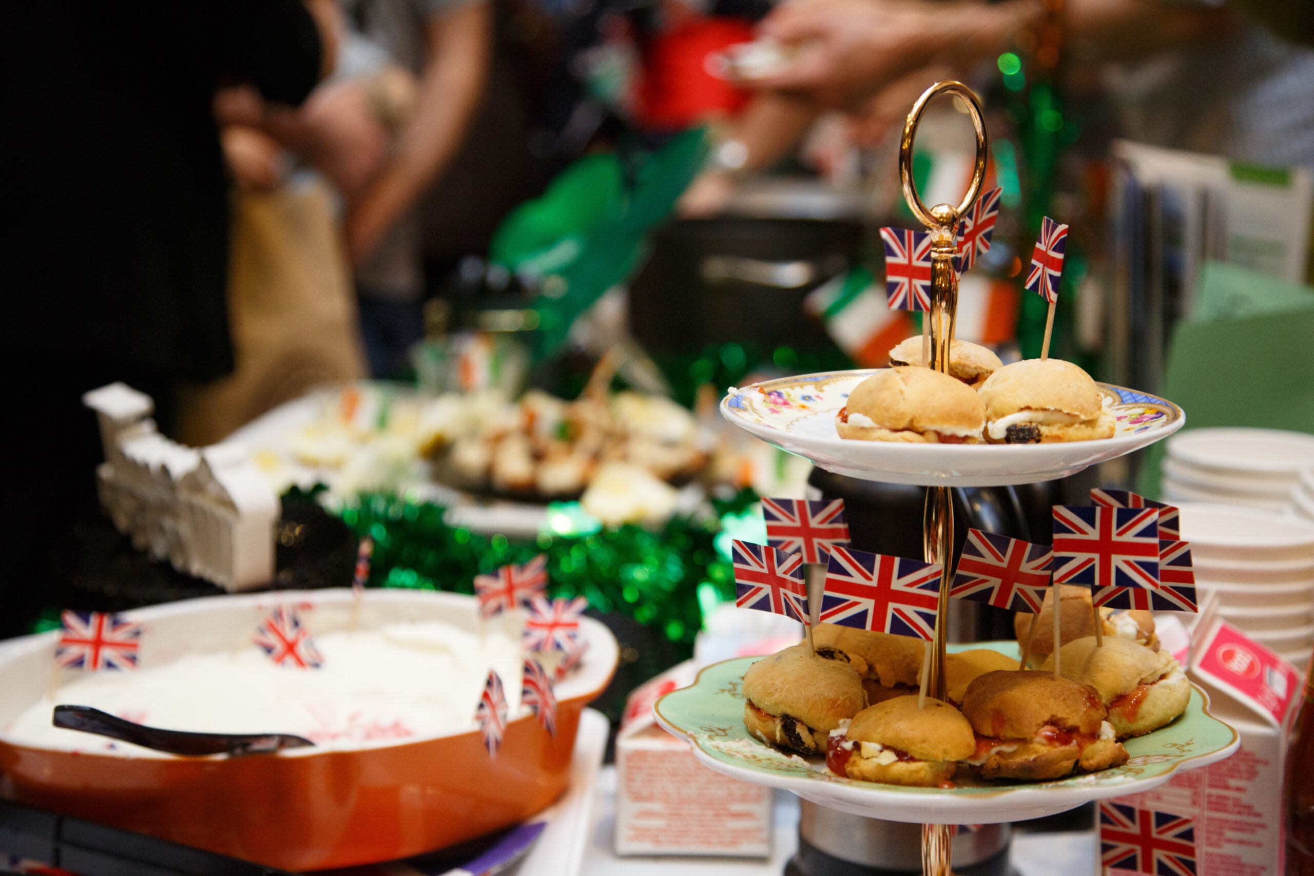 A table full of food decorated with British flags