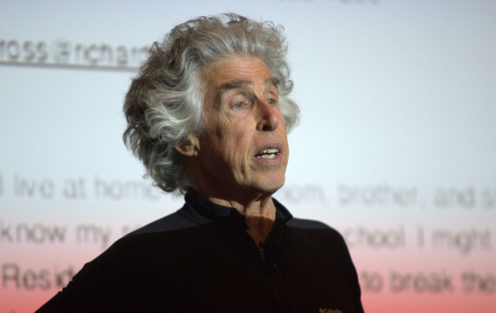 A man speaking in front of a projector screen