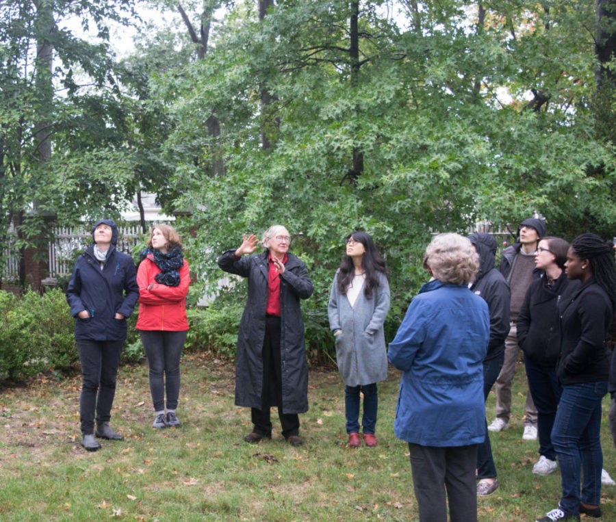 Janet Halley outside with students