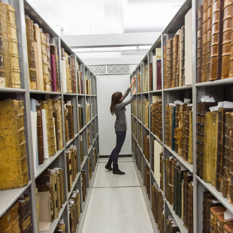 View of vintage books on shelves