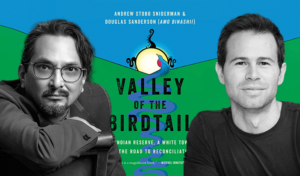Co-authors pictured atop cover of book Valley of the Birdtail