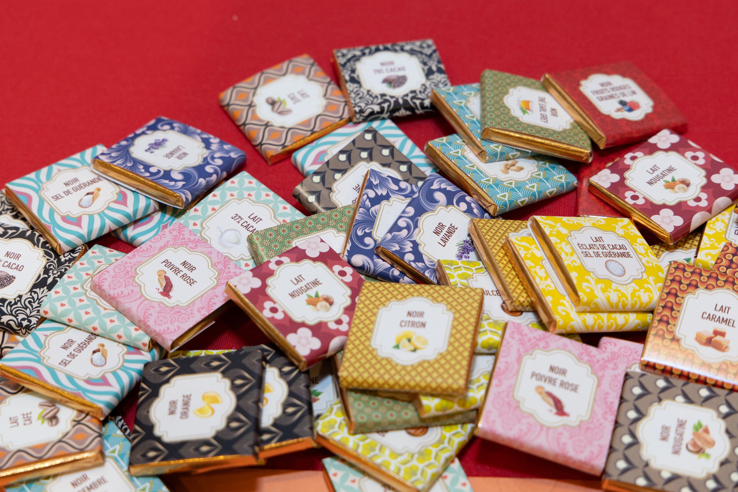 A pile of chocolates with colorful wrappings