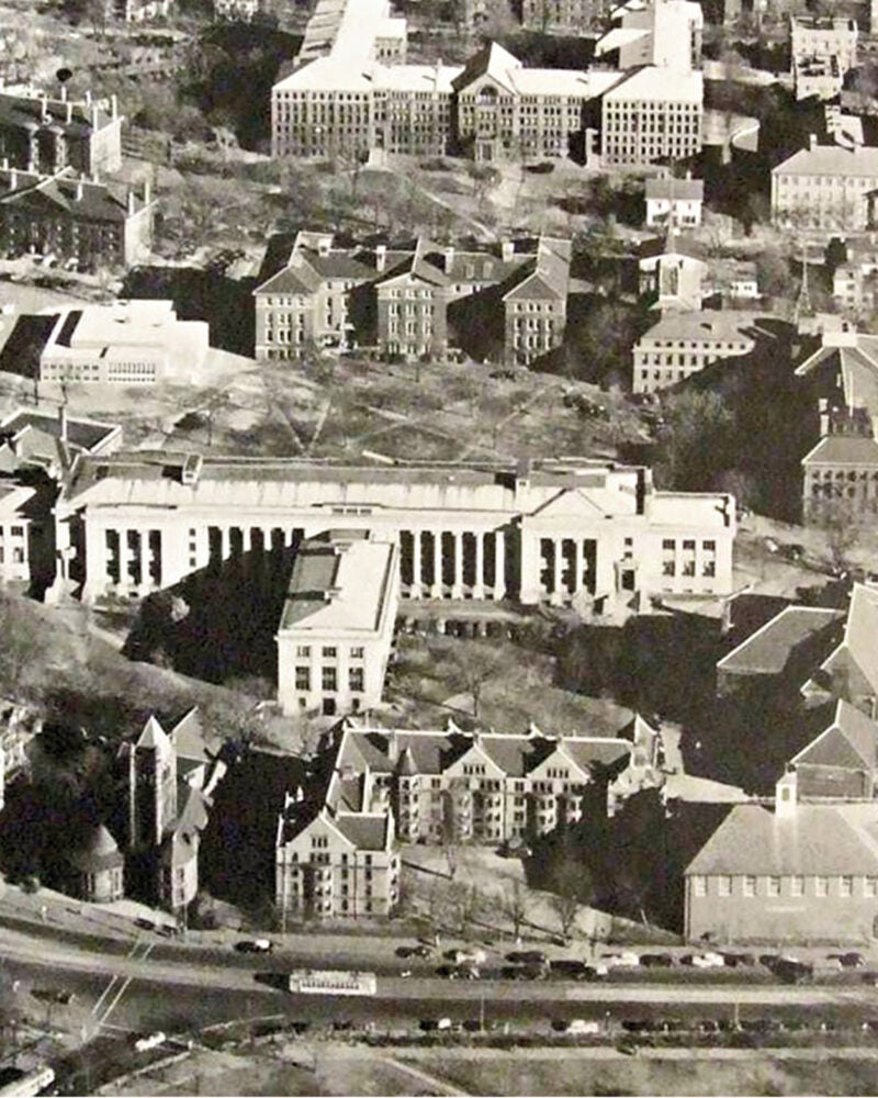 An aerial view of the Harvard Law School campus in the 1940s. On the left of the photo there are some temporary buildings